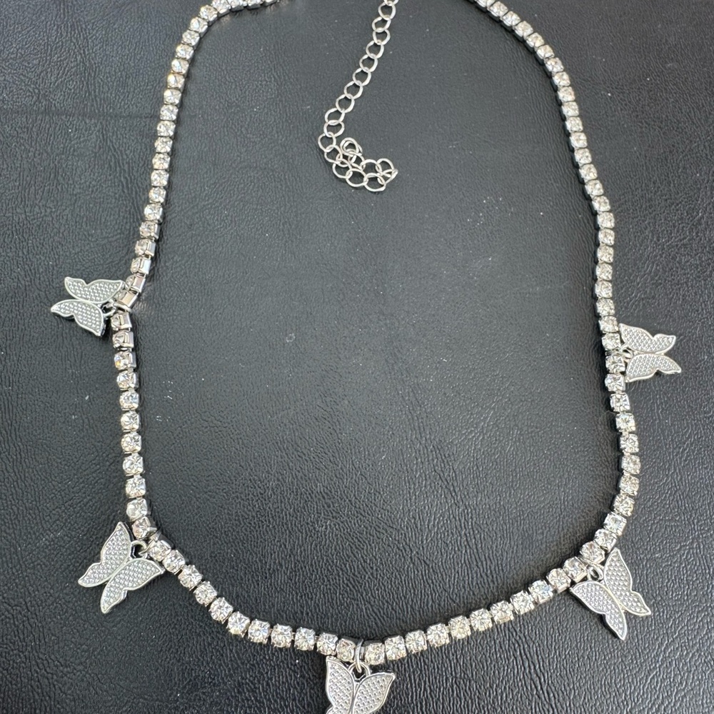 Unique Vintage Silver Butterfly Necklace with Crystals Y2K